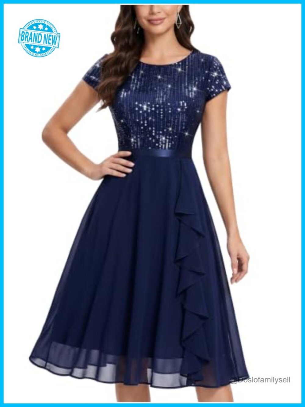 Glitter Sequin Ruffle Cocktail Prom Dress Scoop Neck A-Line Knee Length